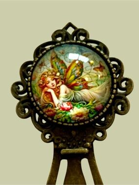 Antique Brass Fairy Cabochon Bookmark - handmade Multicolor Fairy Art
